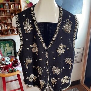 NWT Retro Yarnworks  Vest Faux Pearls Beaded Accents Black Size X Large